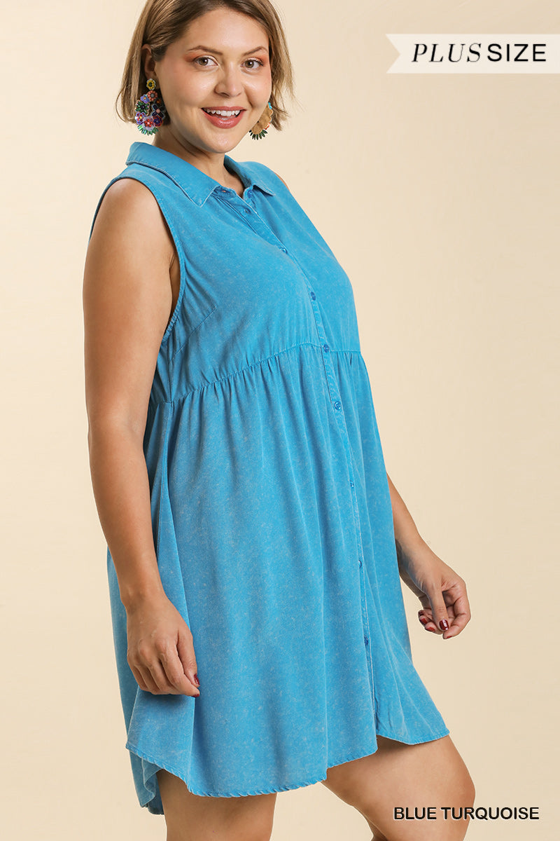 Umgee Plus Snow Washed Button Down Sleeveless Dress