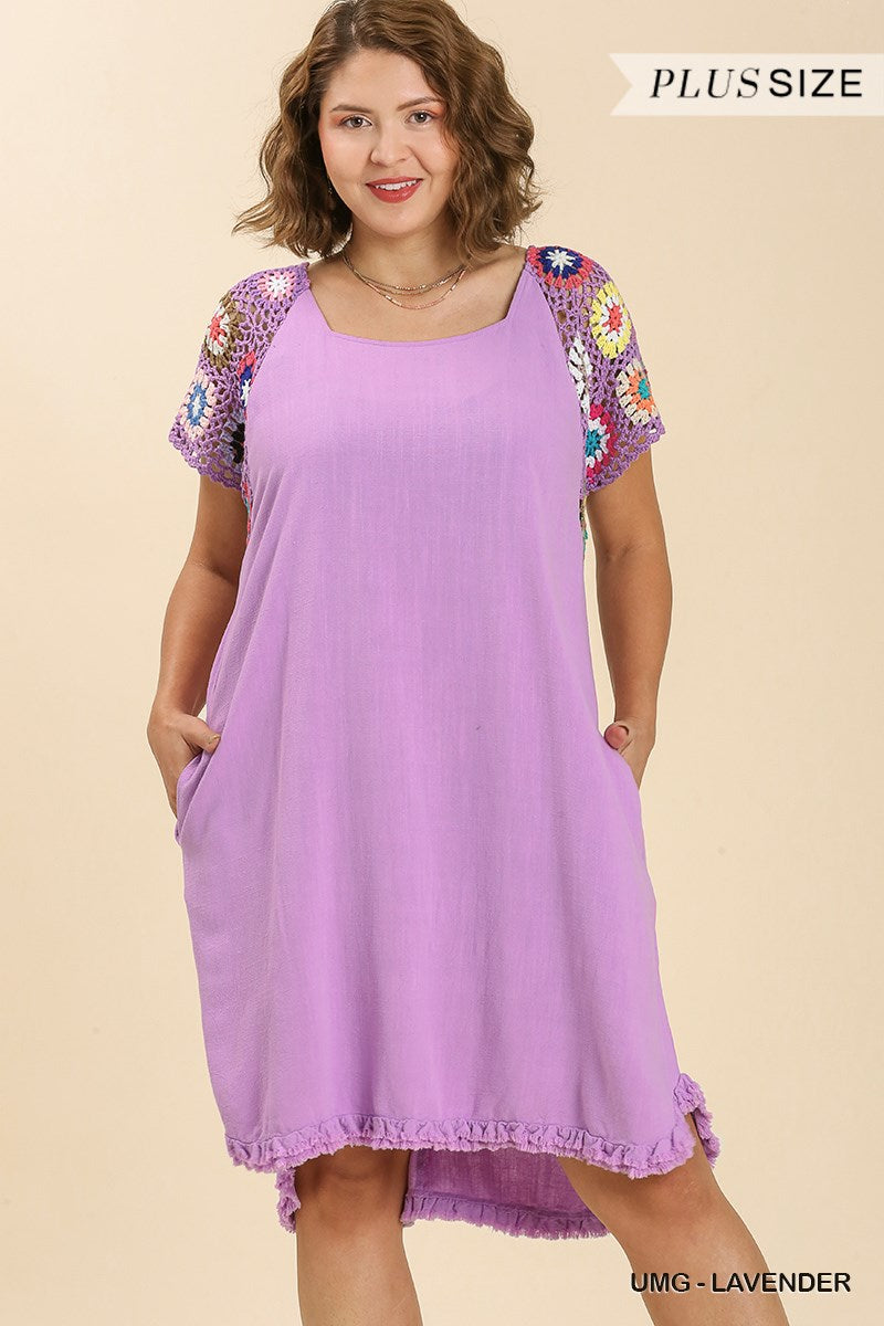 Umgee Plus Short Crochet Sleeve Round Neck High low Fishtail Scoop Hem Dress