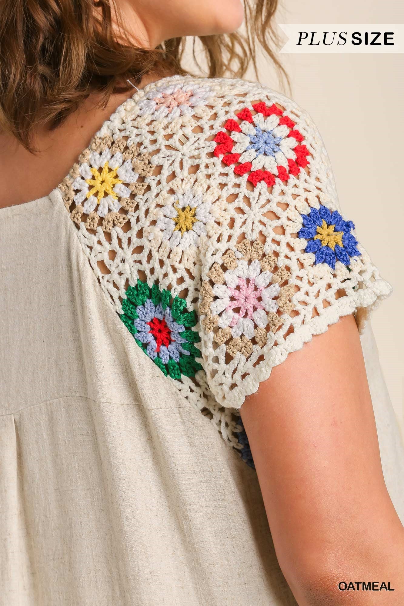 Umgee Plus Short Crochet Sleeve Round Neck High low Fishtail Scoop Hem Dress