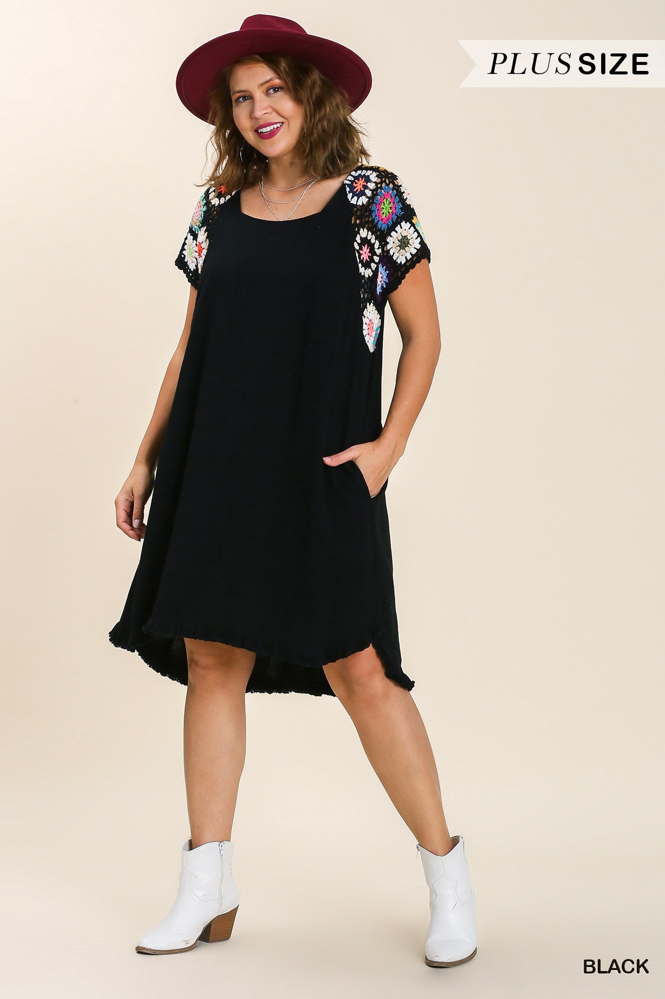 Umgee Plus Short Crochet Sleeve Round Neck High low Fishtail Scoop Hem Dress