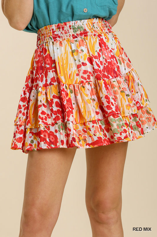 Umgee Mixed Print Elastic Waist Ruffle Skirt