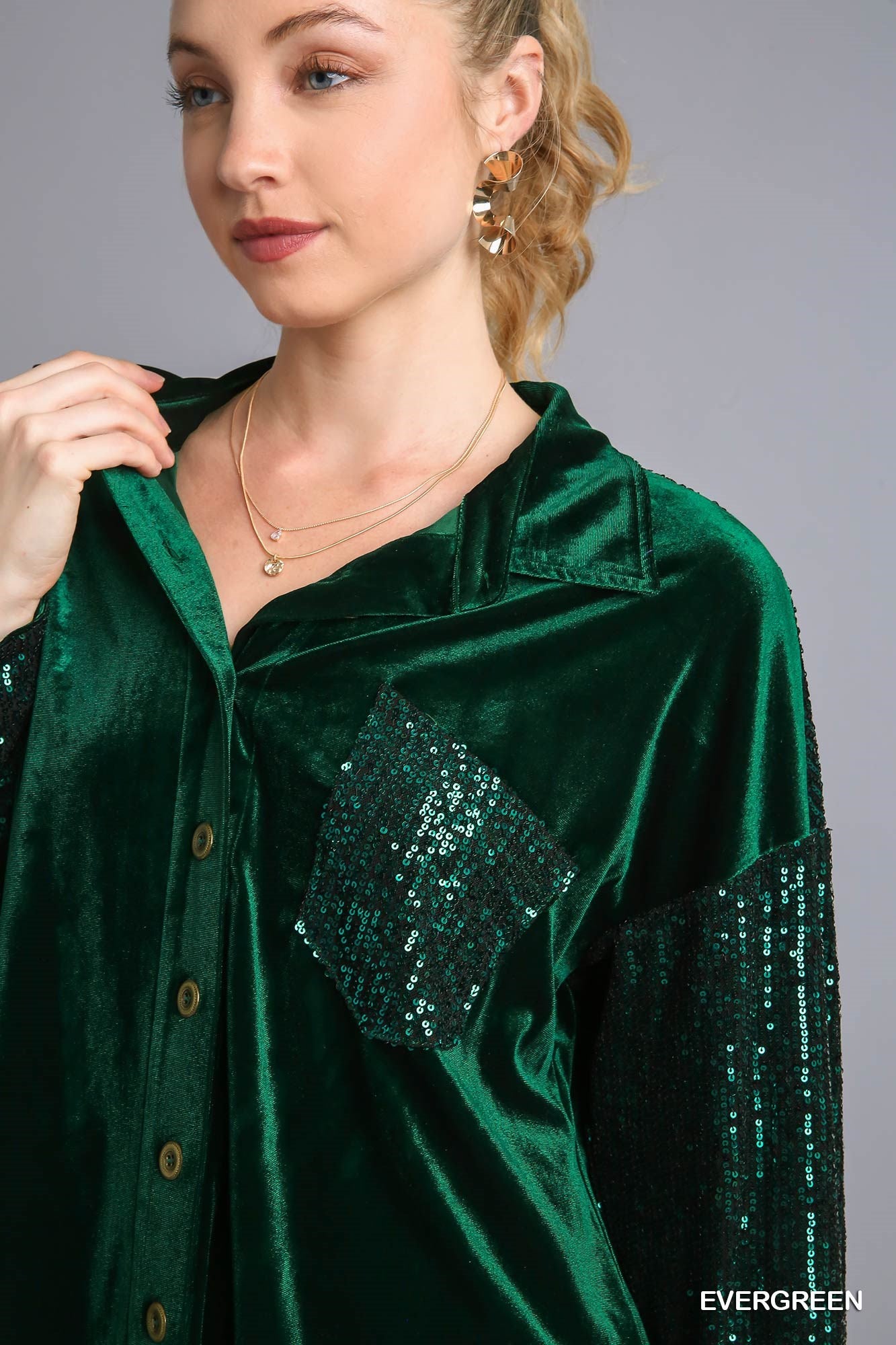 Umgee Velvet Collar Button Down Sequin Sleeves Chest Pocket Jacket - Roulhac Fashion Boutique