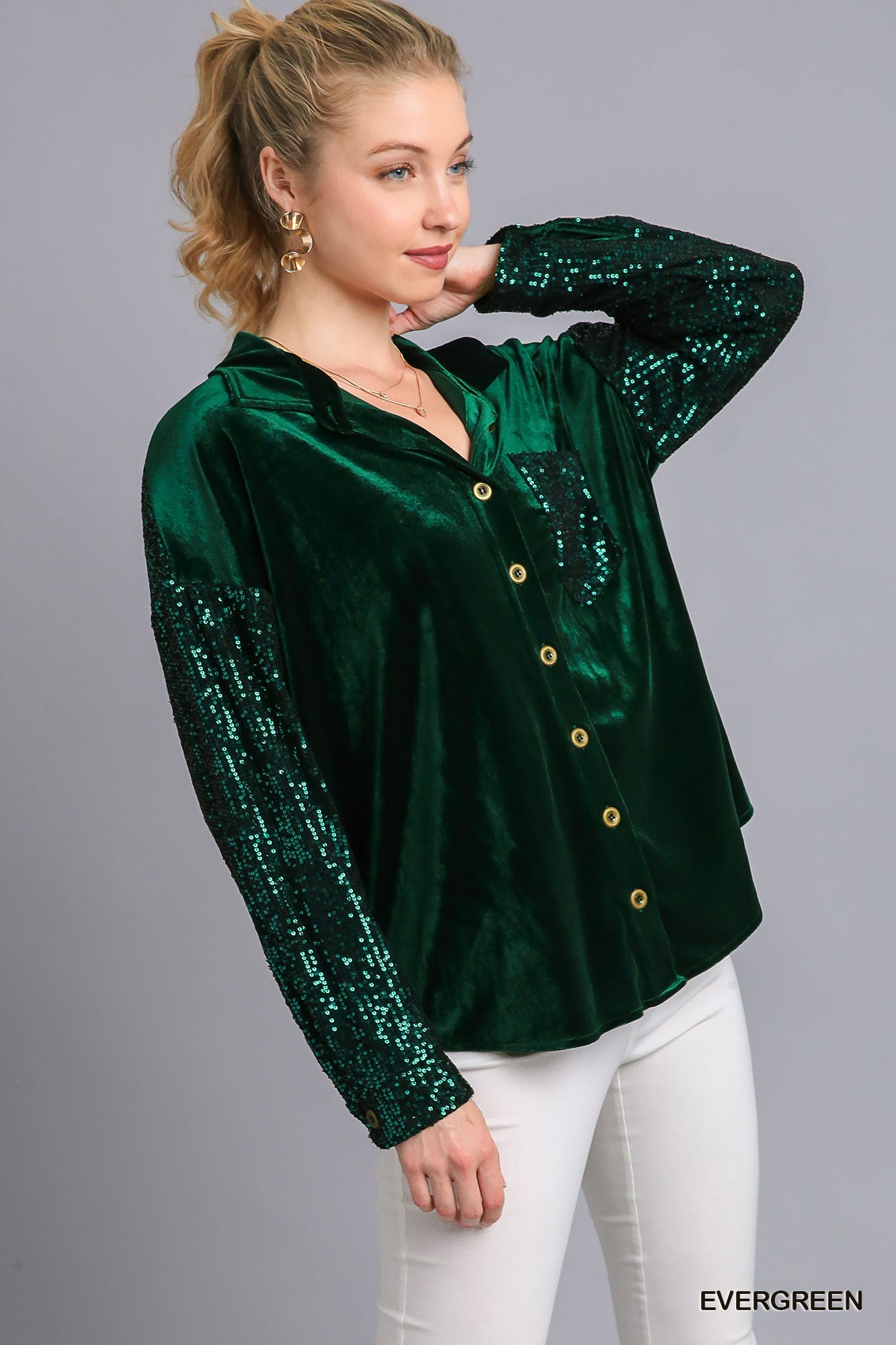 Umgee Velvet Collar Button Down Sequin Sleeves Chest Pocket Jacket - Roulhac Fashion Boutique