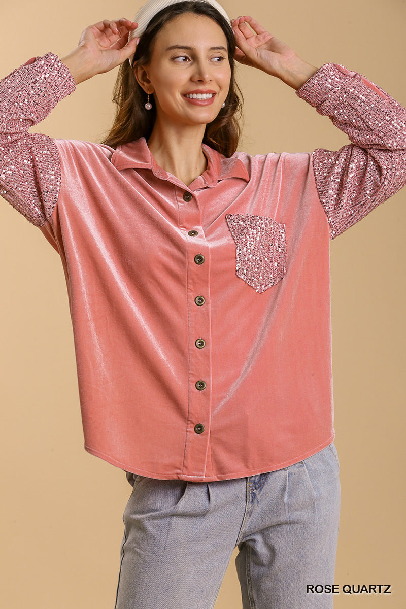 Umgee Velvet Collar Button Down Sequin Sleeves Chest Pocket Jacket - Roulhac Fashion Boutique