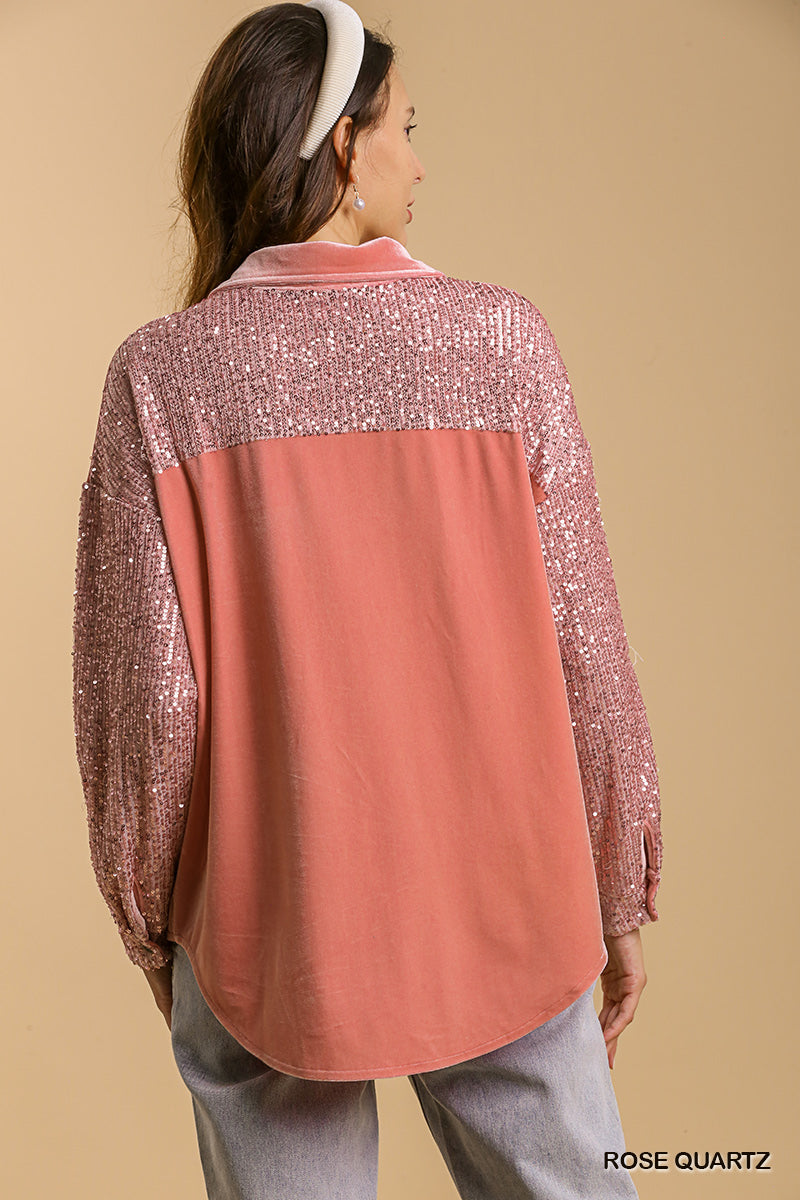 Umgee Velvet Collar Button Down Sequin Sleeves Chest Pocket Jacket