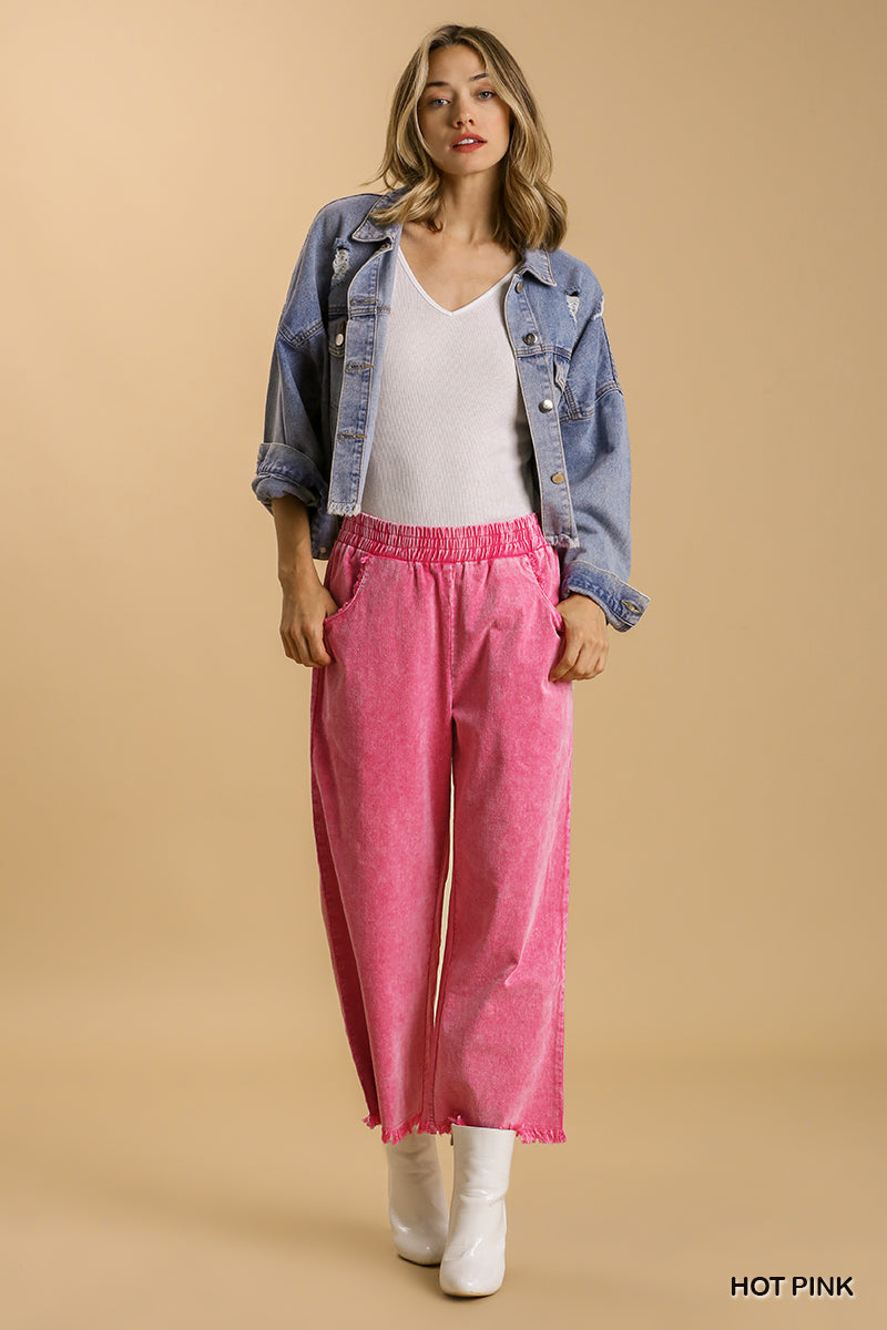 Umgee Elastic Waist Stone Wash Wide Leg Frayed Hem Pockets Pant
