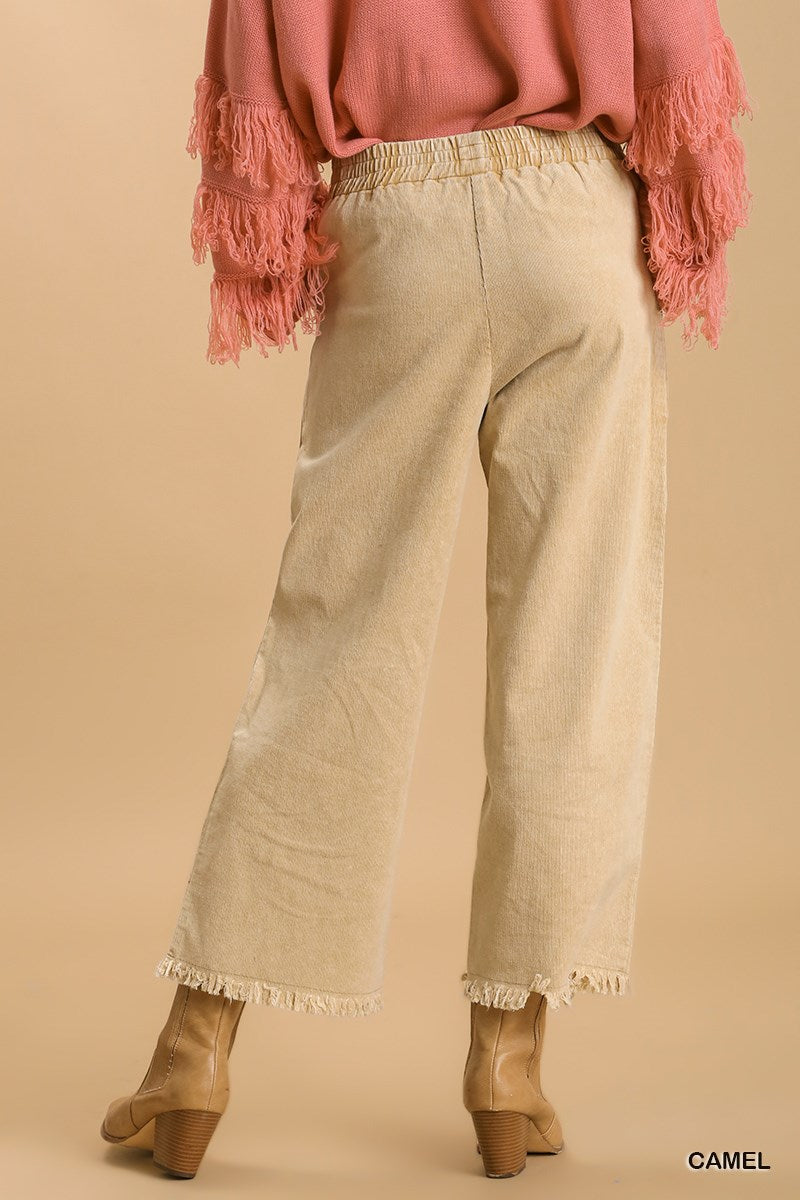 Umgee Elastic Waist Stone Wash Wide Leg Frayed Hem Pockets Pant