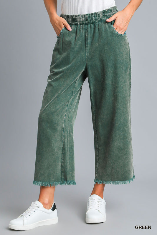 Umgee Elastic Waist Stone Wash Wide Leg Frayed Hem Pockets Pant