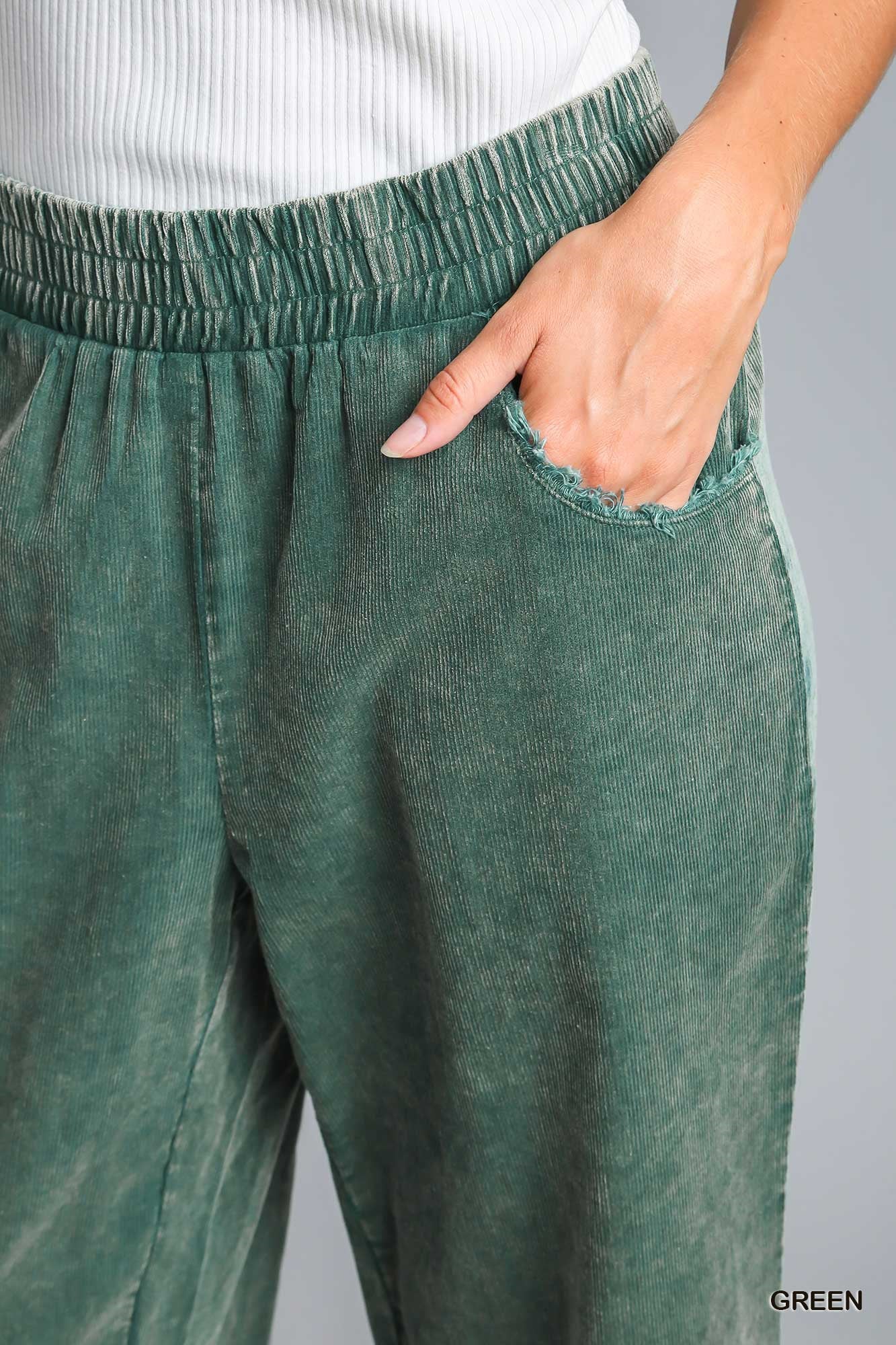 Umgee Elastic Waist Stone Wash Wide Leg Frayed Hem Pockets Pant