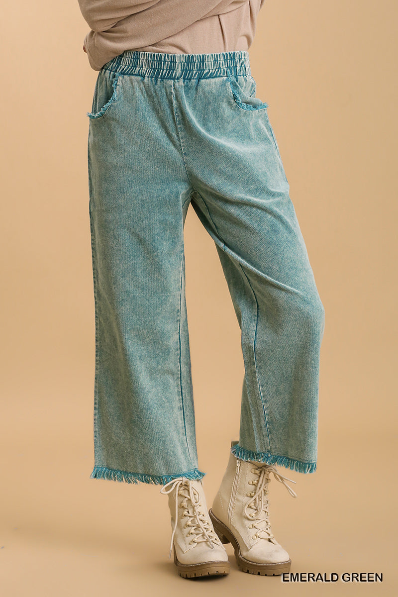 Umgee Elastic Waist Stone Wash Wide Leg Frayed Hem Pockets Pant