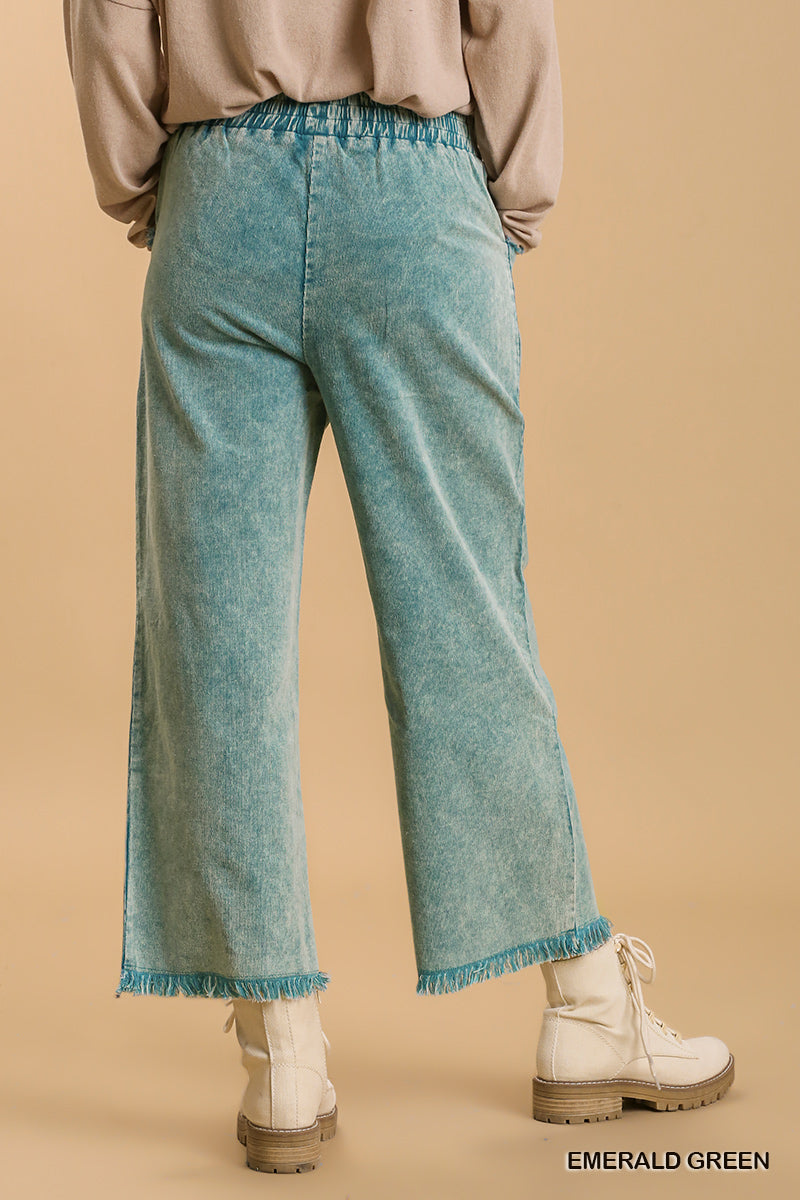 Umgee Elastic Waist Stone Wash Wide Leg Frayed Hem Pockets Pant