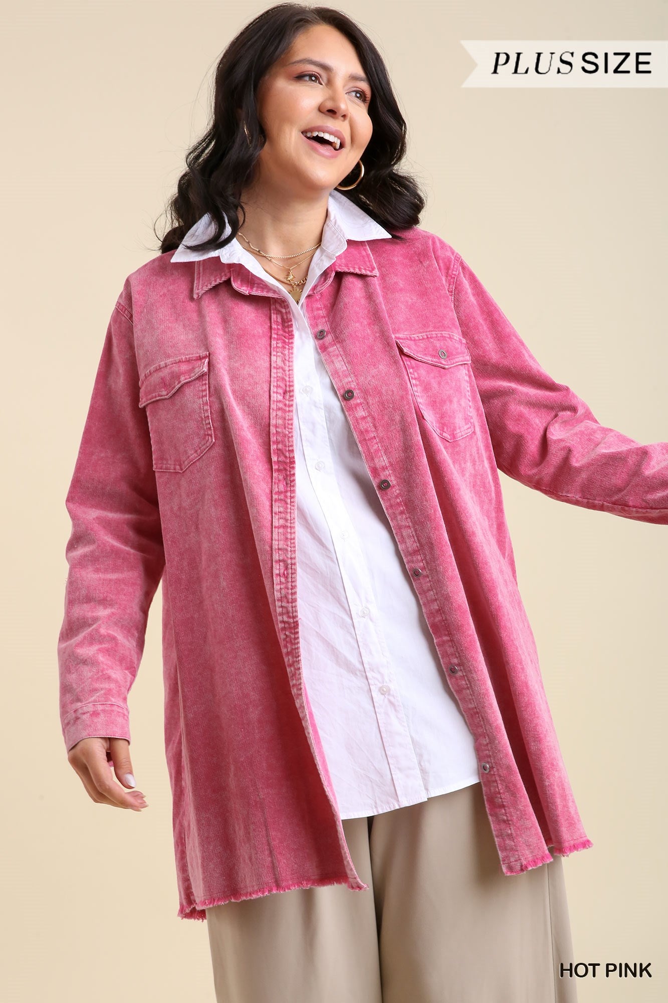 Umgee Plus Stone Wash Chest Pockets Collar Button Down Non-Stretch Denim Dress