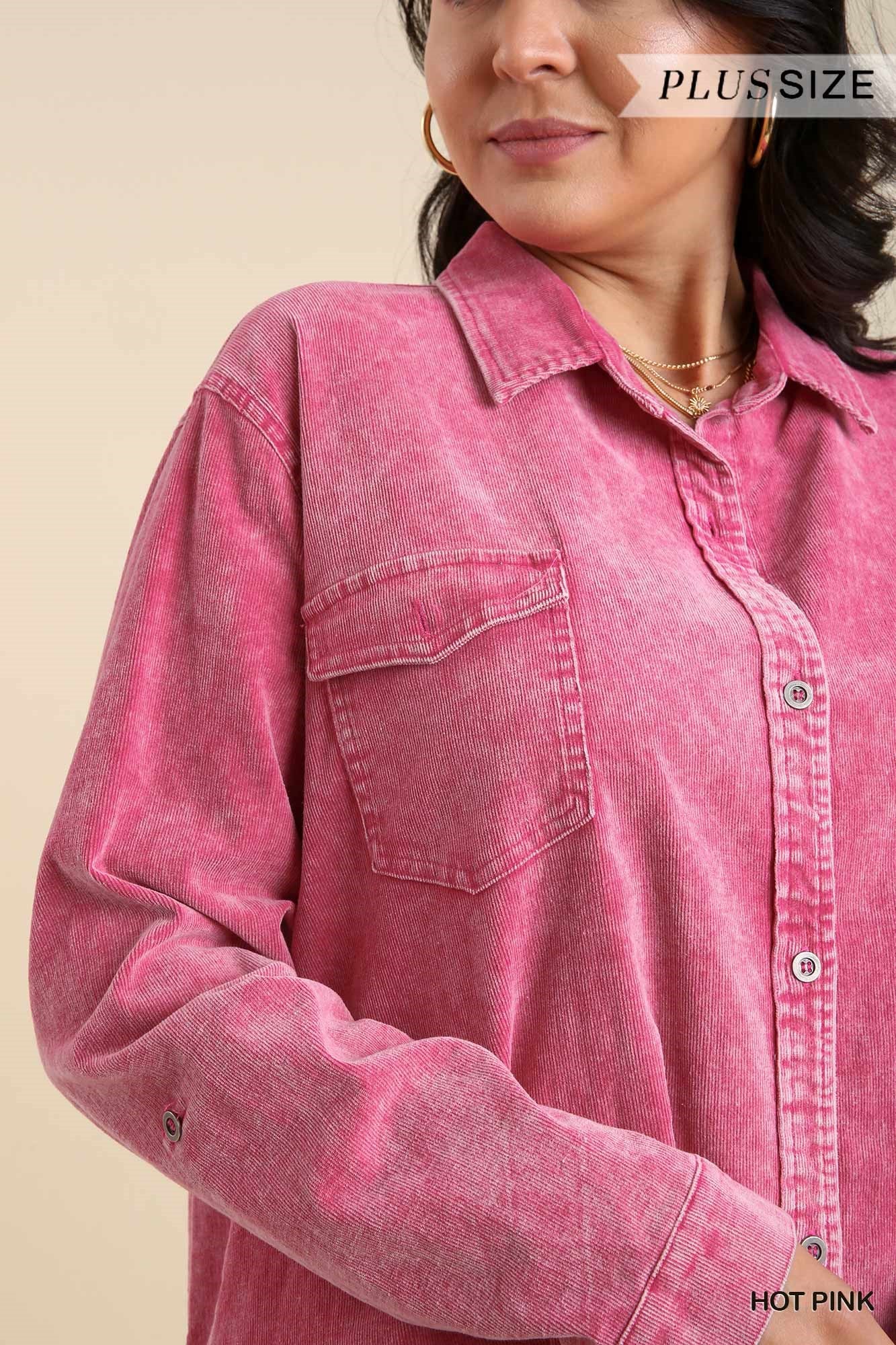 Umgee Plus Stone Wash Chest Pockets Collar Button Down Non-Stretch Denim Dress