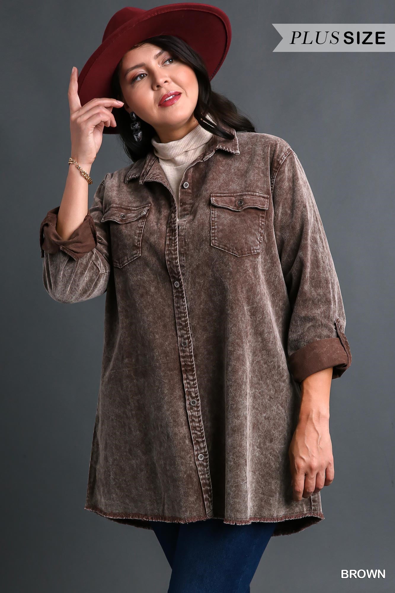 Umgee Plus Stone Wash Chest Pockets Collar Button Down Non-Stretch Denim Dress