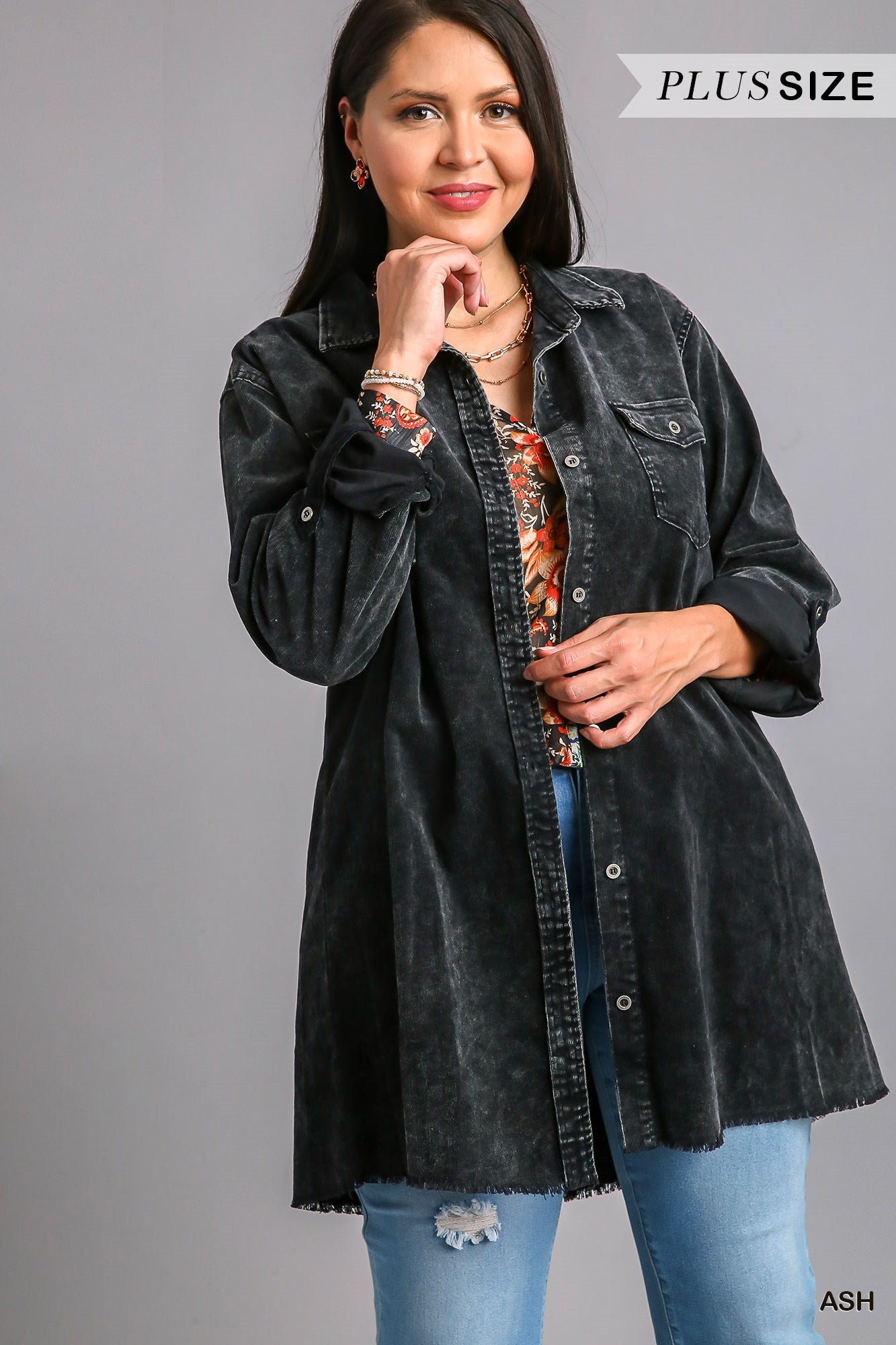 Umgee Plus Stone Wash Chest Pockets Collar Button Down Non-Stretch Denim Dress