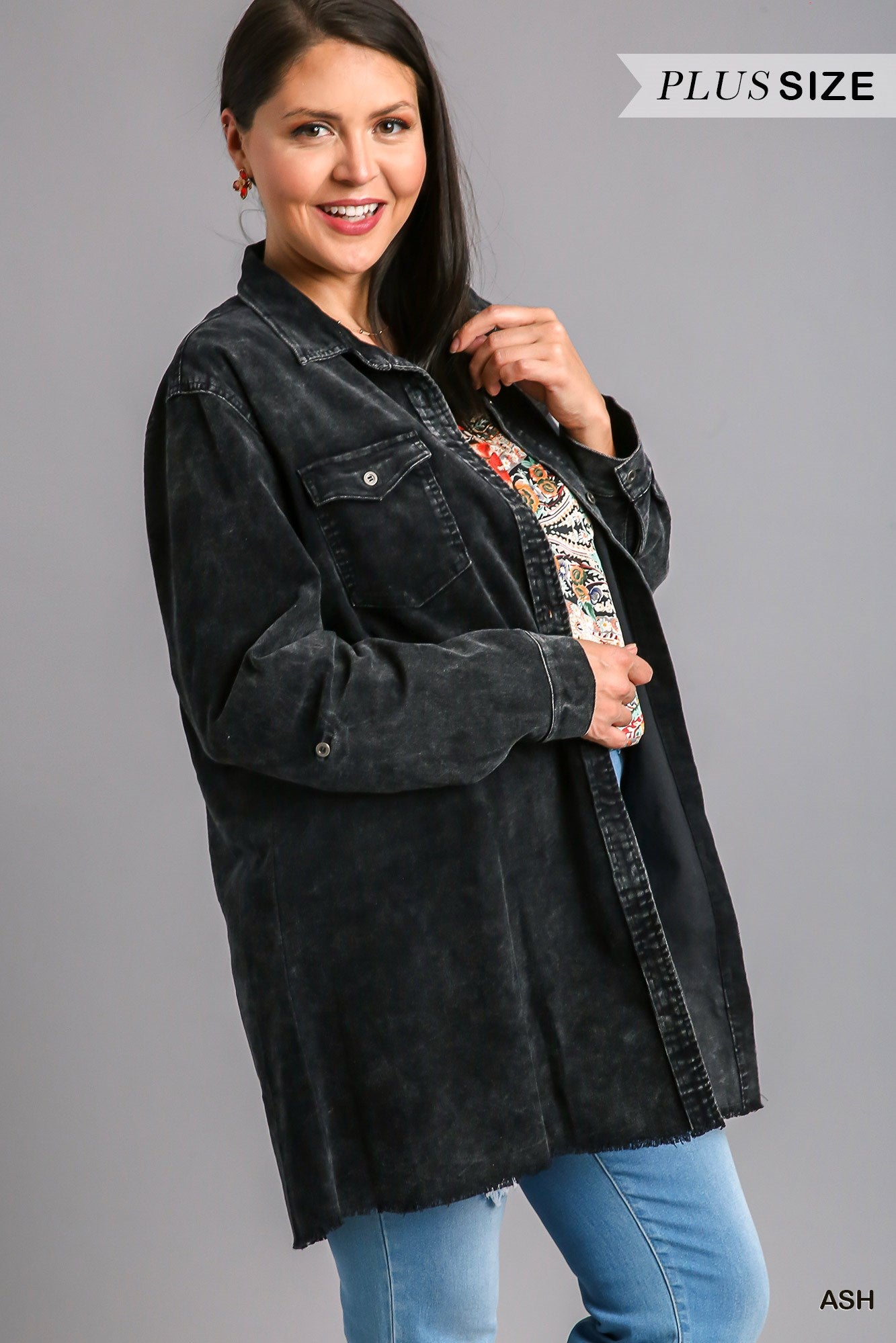 Umgee Plus Stone Wash Chest Pockets Collar Button Down Non-Stretch Denim Dress