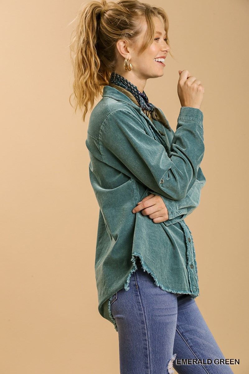 Umgee Stone Wash Chest Pocket Collar Button Down Unfinished Hem Jacket - Roulhac Fashion Boutique