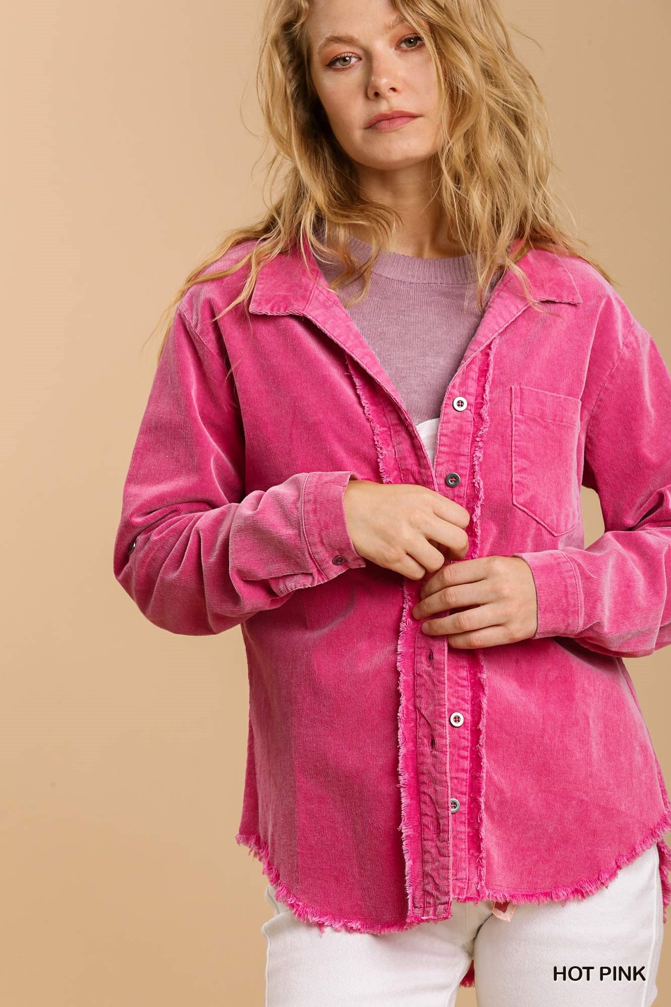 Umgee Stone Wash Chest Pocket Collar Button Down Unfinished Hem Jacket - Roulhac Fashion Boutique