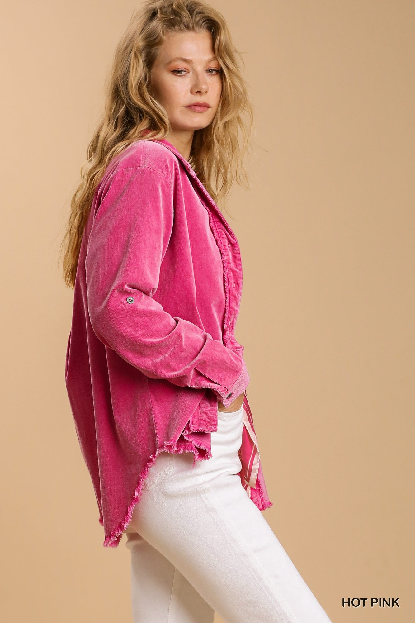 Umgee Stone Wash Chest Pocket Collar Button Down Unfinished Hem Jacket - Roulhac Fashion Boutique