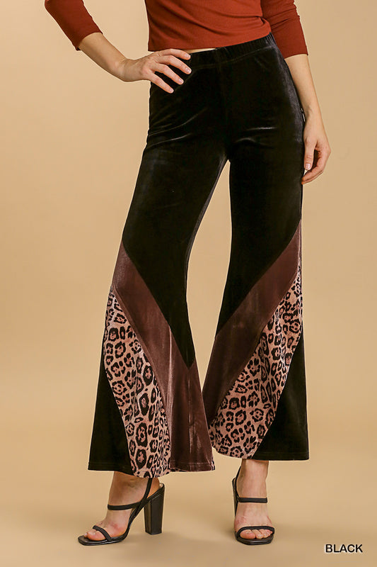 Umgee Animal Print High Waist Knit Velvet Stretch Wide Flare Leg Pants