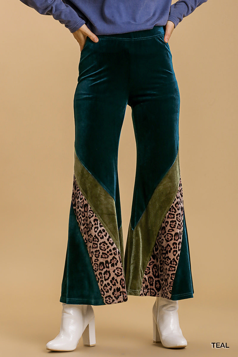 Umgee Animal Print High Waist Knit Velvet Stretch Wide Flare Leg Pants