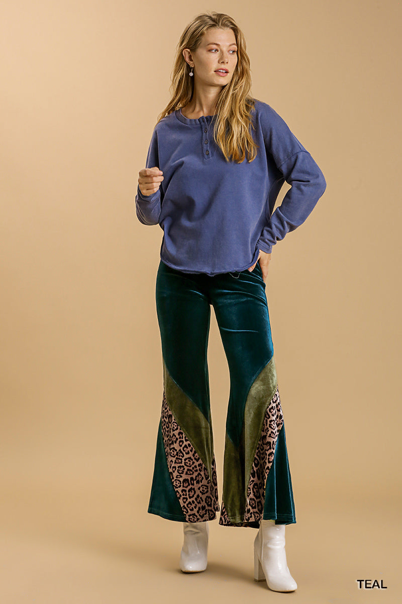 Umgee Animal Print High Waist Knit Velvet Stretch Wide Flare Leg Pants