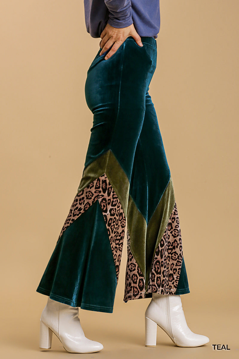Umgee Animal Print High Waist Knit Velvet Stretch Wide Flare Leg Pants