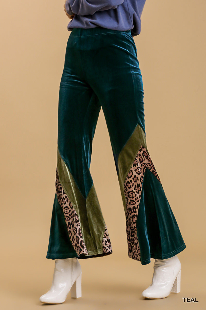 Umgee Animal Print High Waist Knit Velvet Stretch Wide Flare Leg Pants