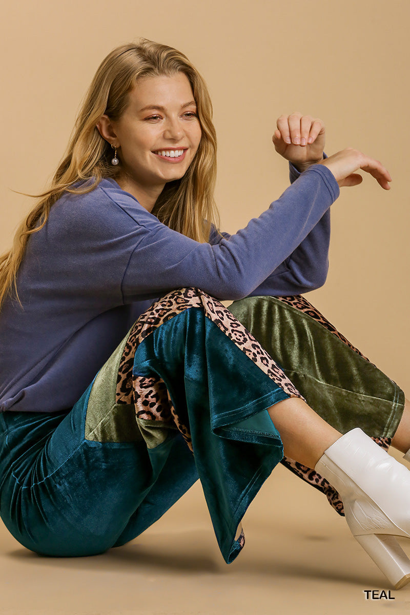 Umgee Animal Print High Waist Knit Velvet Stretch Wide Flare Leg Pants