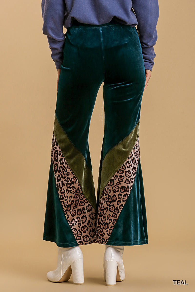 Umgee Animal Print High Waist Knit Velvet Stretch Wide Flare Leg Pants