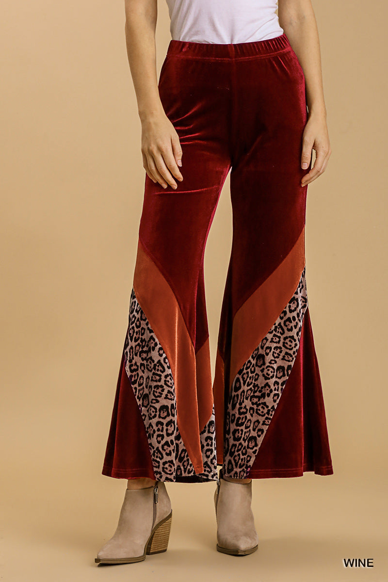 Umgee Animal Print High Waist Knit Velvet Stretch Wide Flare Leg Pants