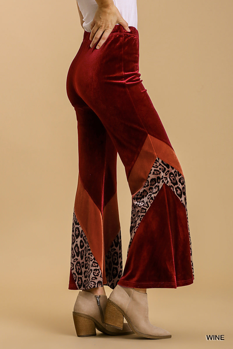 Umgee Animal Print High Waist Knit Velvet Stretch Wide Flare Leg Pants