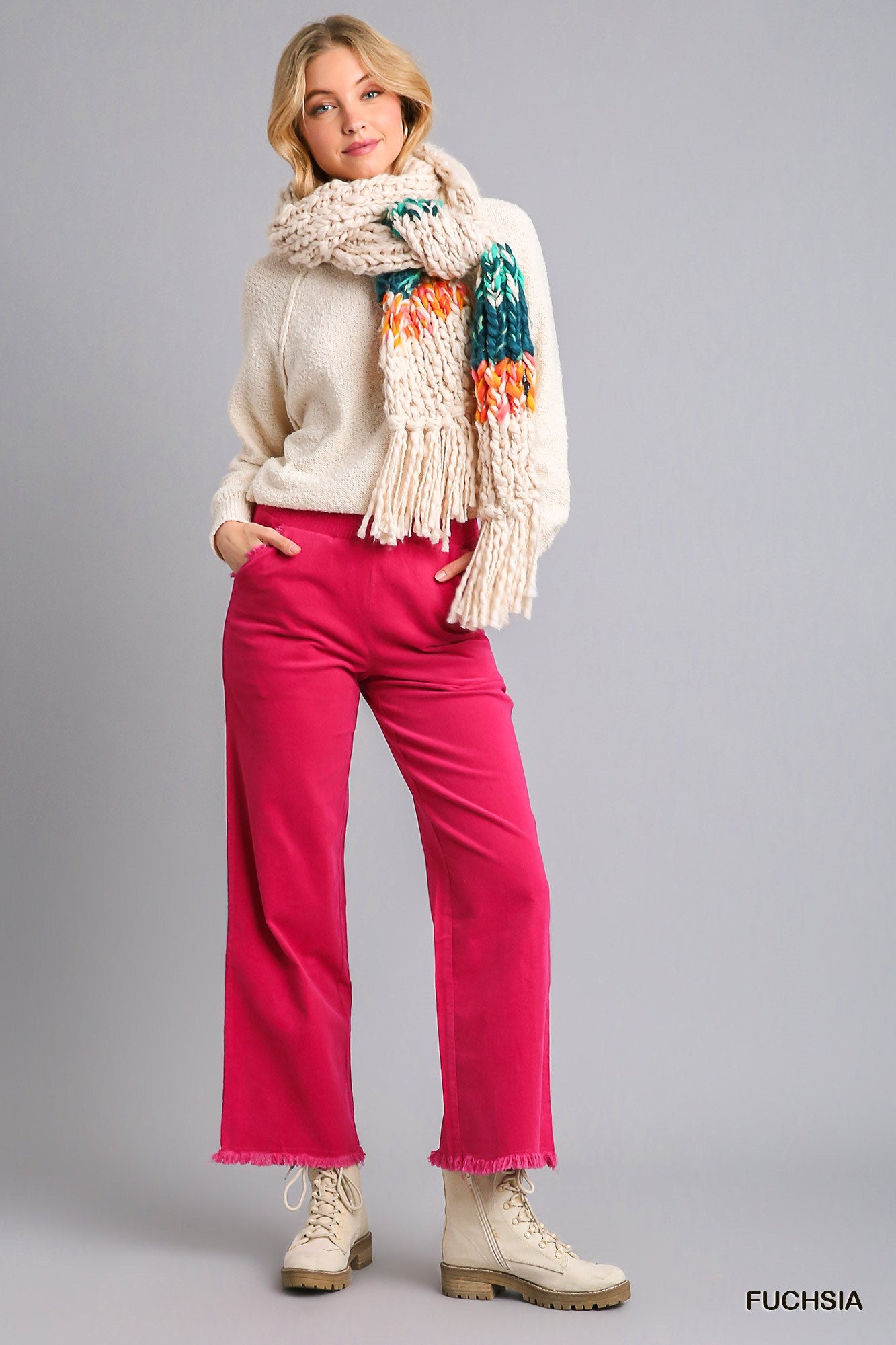 Umgee Elastic Waist Pockets Wide Leg Frayed Hem Pants