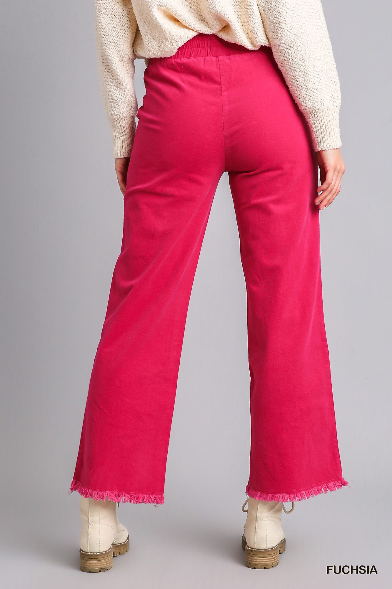 Umgee Elastic Waist Pockets Wide Leg Frayed Hem Pants