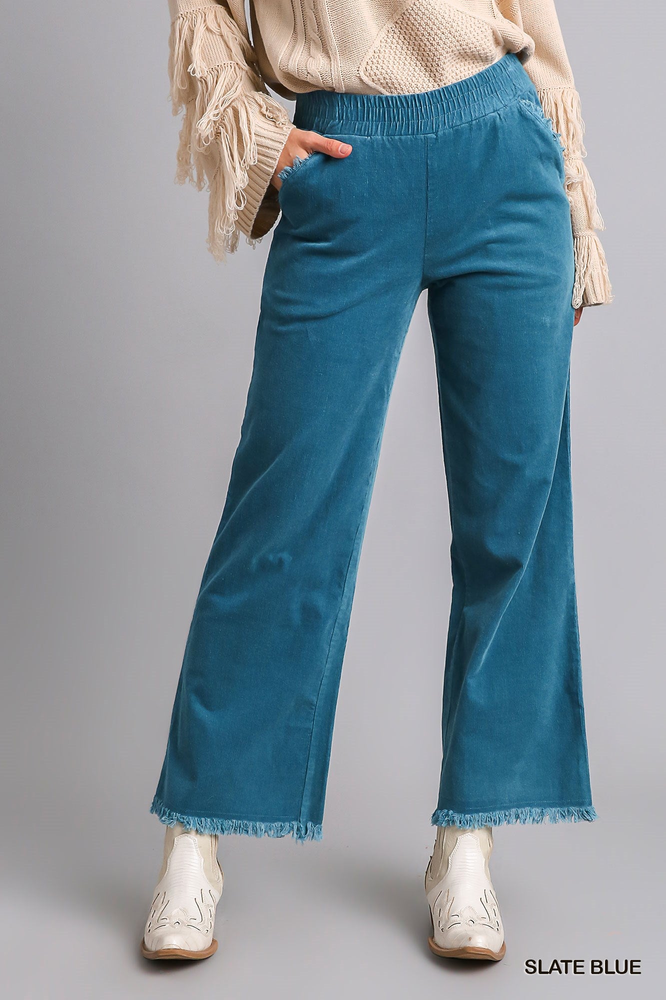 Umgee Elastic Waist Pockets Wide Leg Frayed Hem Pants