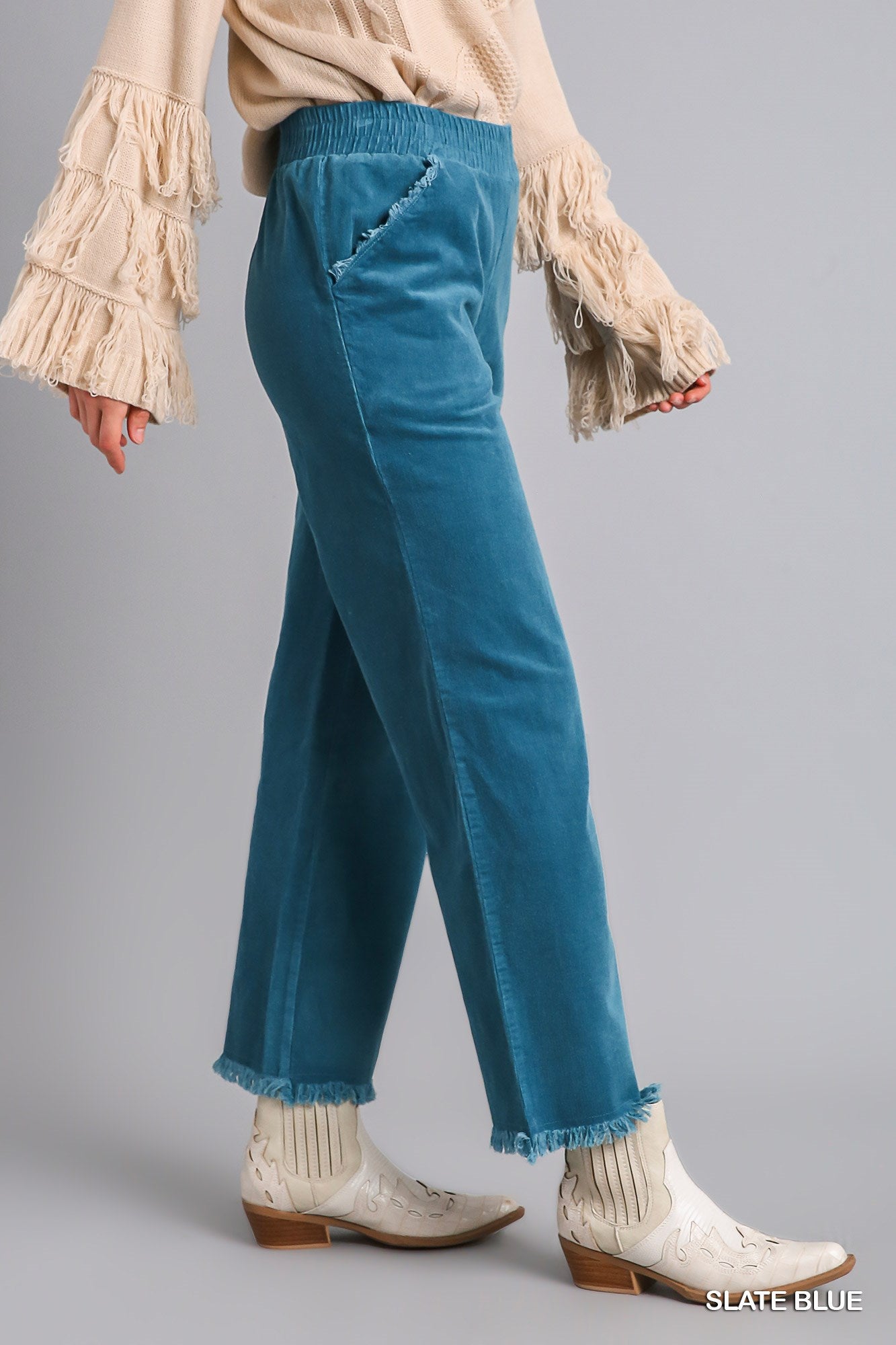 Umgee Elastic Waist Pockets Wide Leg Frayed Hem Pants
