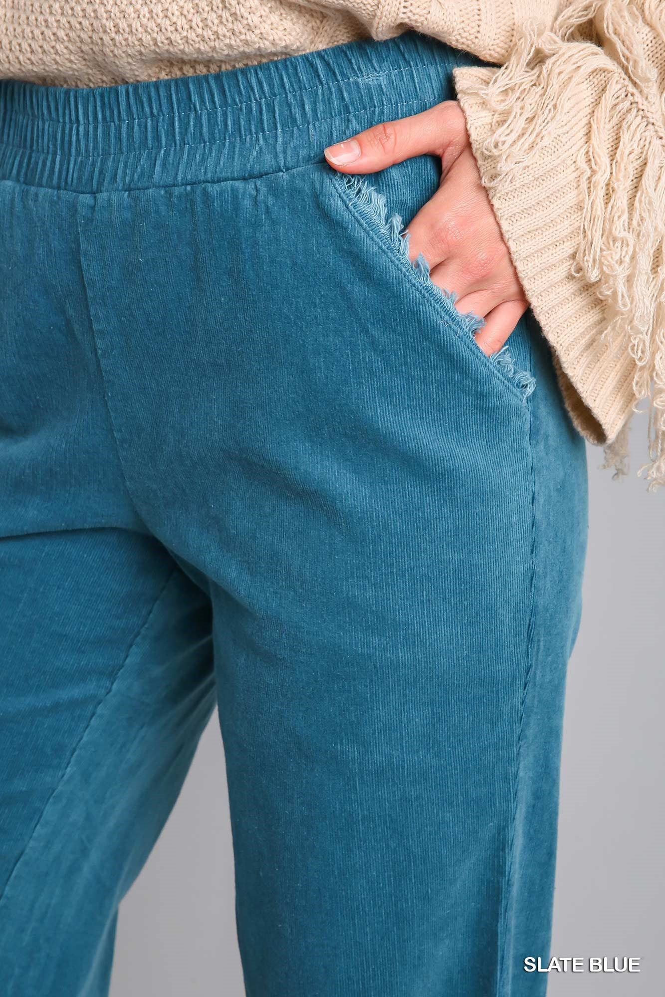 Umgee Elastic Waist Pockets Wide Leg Frayed Hem Pants