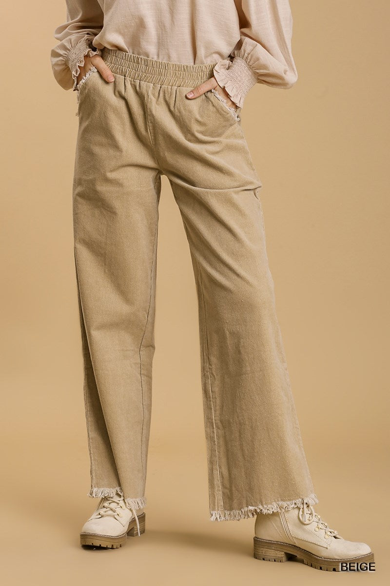 Umgee Elastic Waist Pockets Wide Leg Frayed Hem Pants