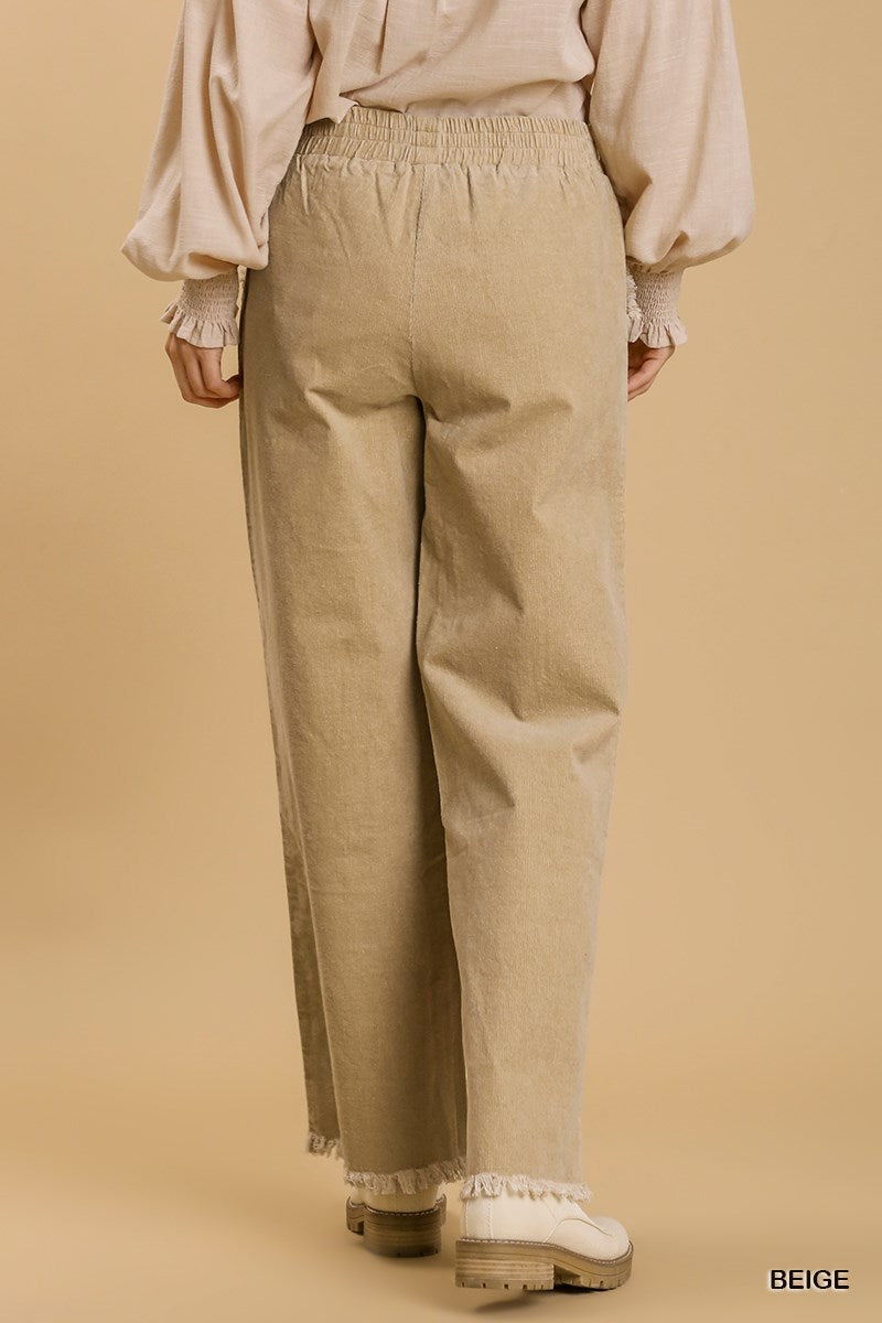 Umgee Elastic Waist Pockets Wide Leg Frayed Hem Pants