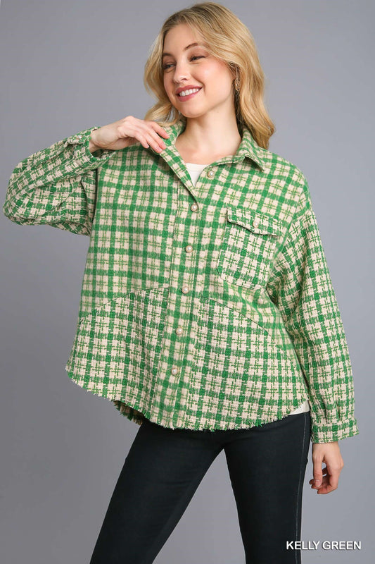 Umgee Tweed Plaid Collar Button Down Front Pockets Shacket - Roulhac Fashion Boutique