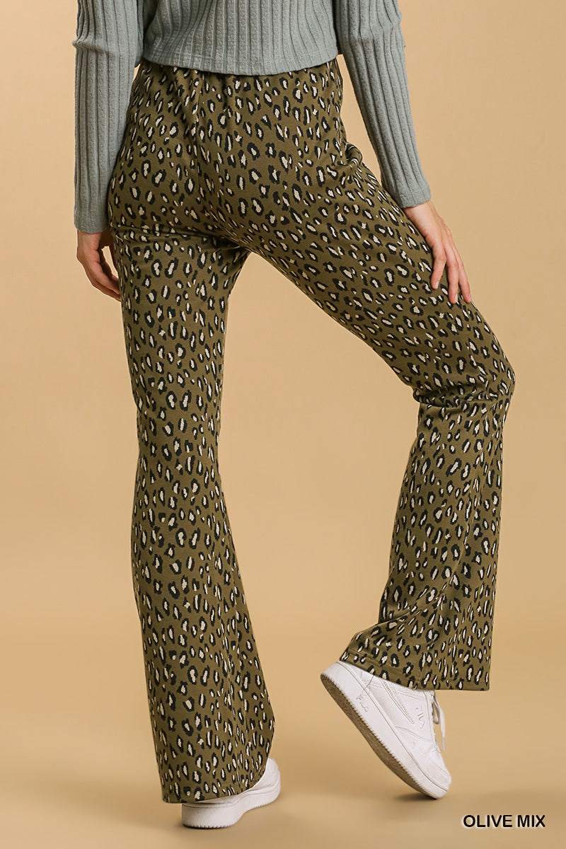 Umgee Animal Print Elastic Waistband Stretch Bell Bottom Pants