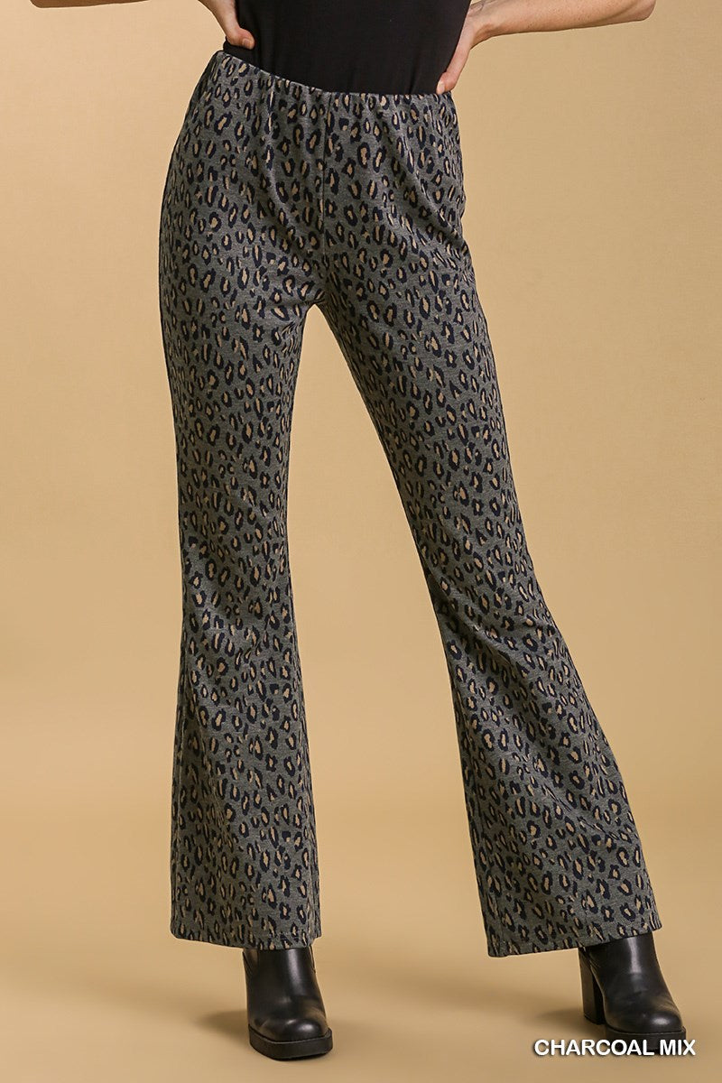 Umgee Animal Print Elastic Waistband Stretch Bell Bottom Pants