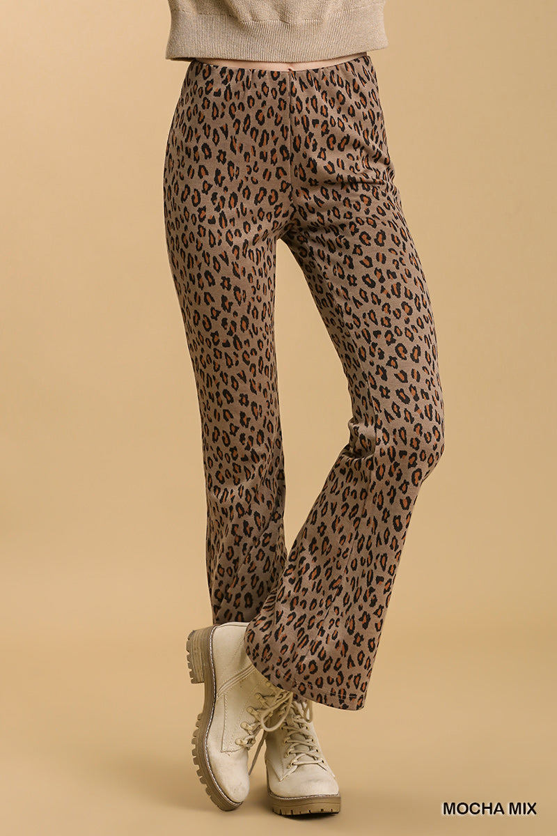 Umgee Animal Print Elastic Waistband Stretch Bell Bottom Pants