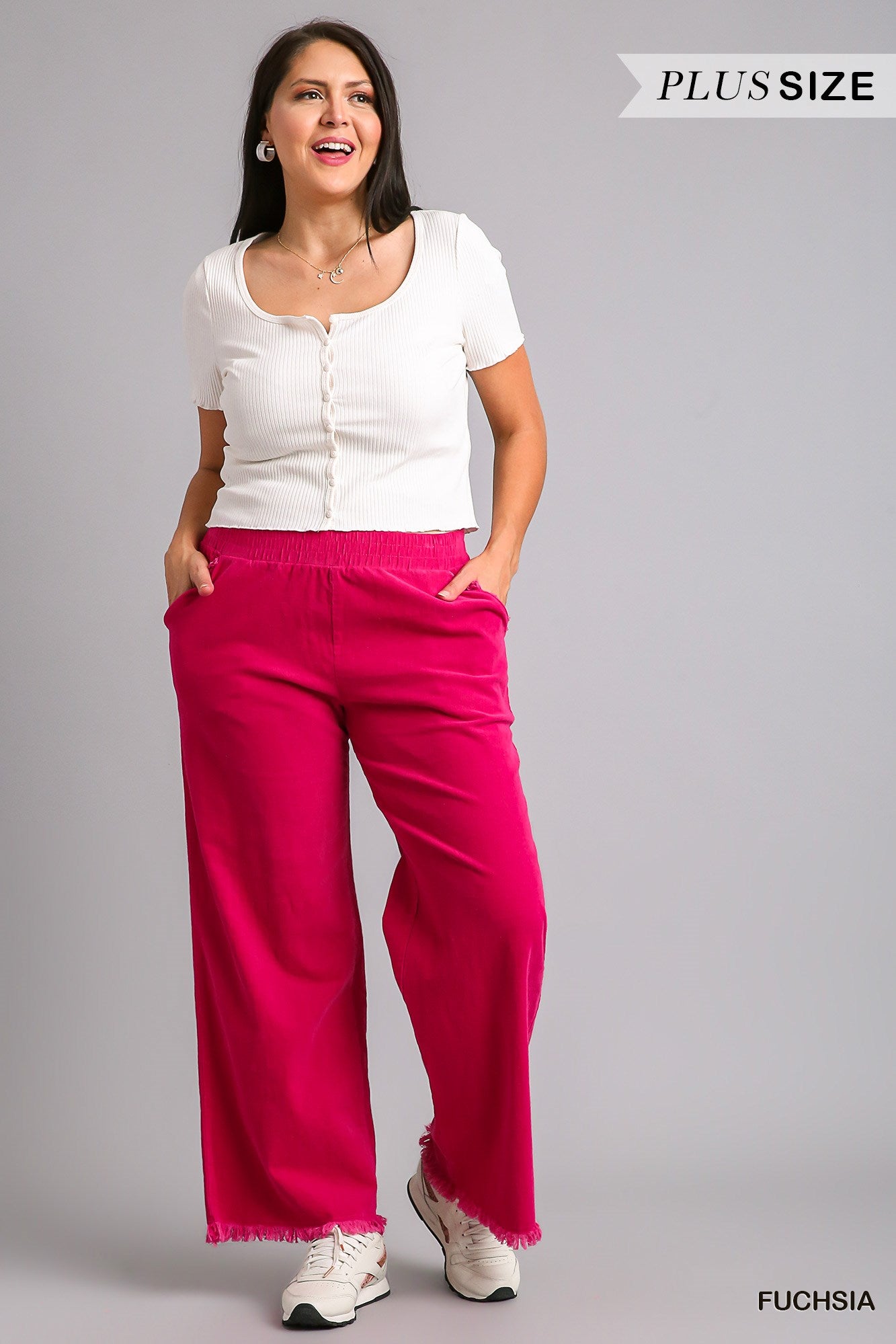 Umgee Plus Elastic Waist Frayed Hem Wide Leg Pants