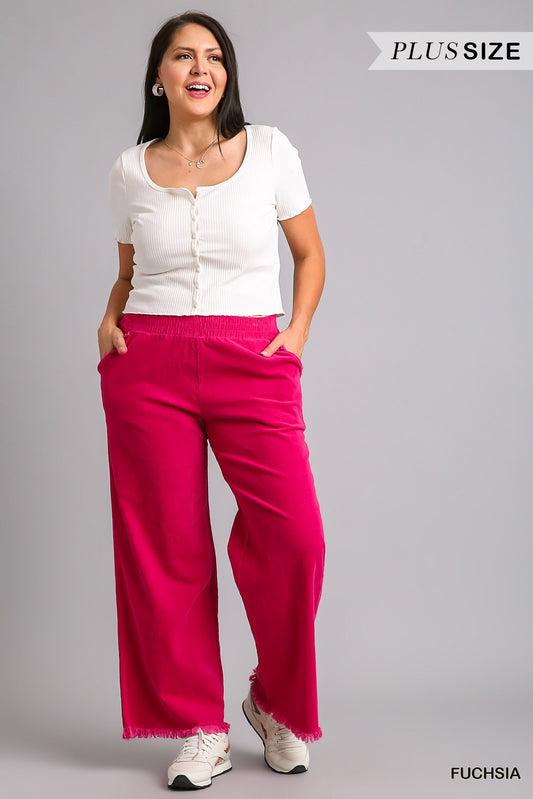 Umgee Plus Elastic Waist Frayed Hem Wide Leg Pants
