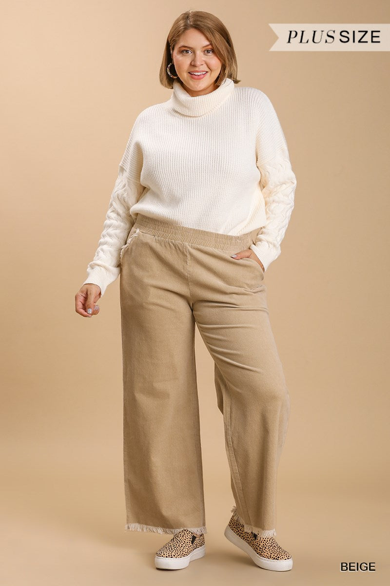 Umgee Plus Elastic Waist Frayed Hem Wide Leg Pants