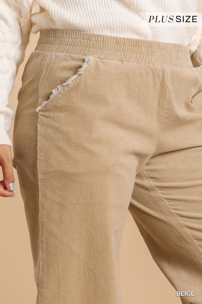 Umgee Plus Elastic Waist Frayed Hem Wide Leg Pants