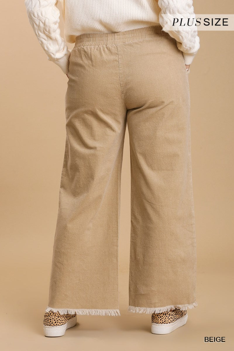 Umgee Plus Elastic Waist Frayed Hem Wide Leg Pants