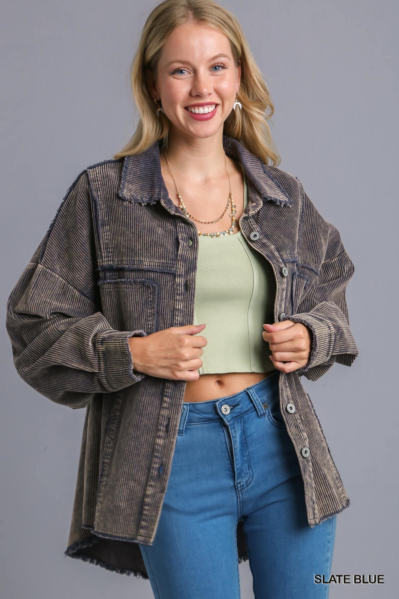 Umgee Stone Wash Chest Pocket Collar Button Down Hem Jacket - Roulhac Fashion Boutique