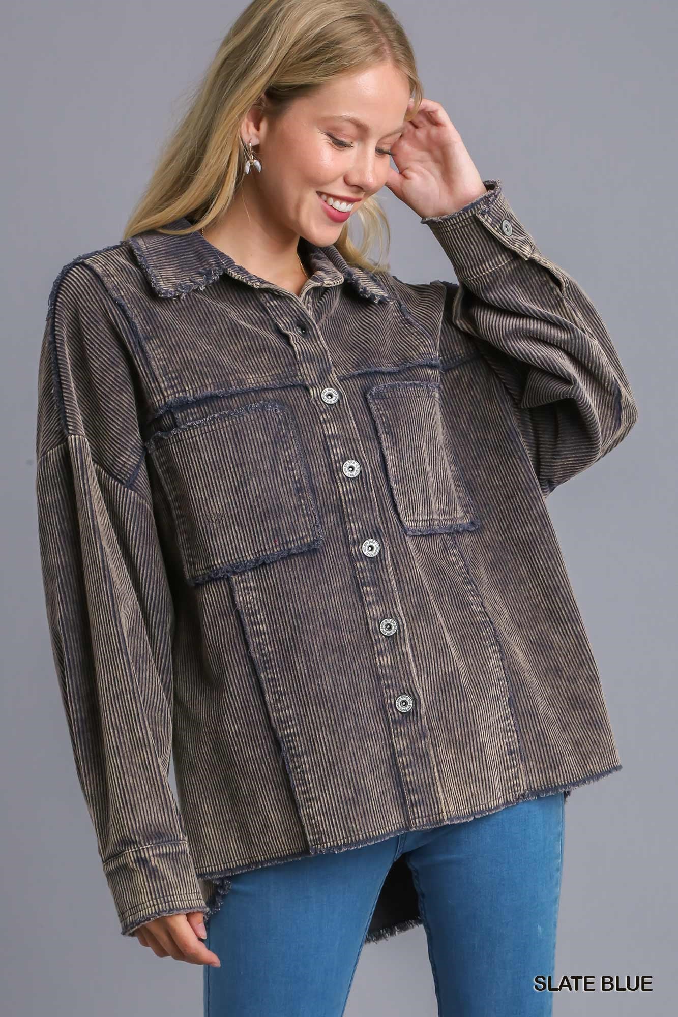 Umgee Stone Wash Chest Pocket Collar Button Down Hem Jacket - Roulhac Fashion Boutique